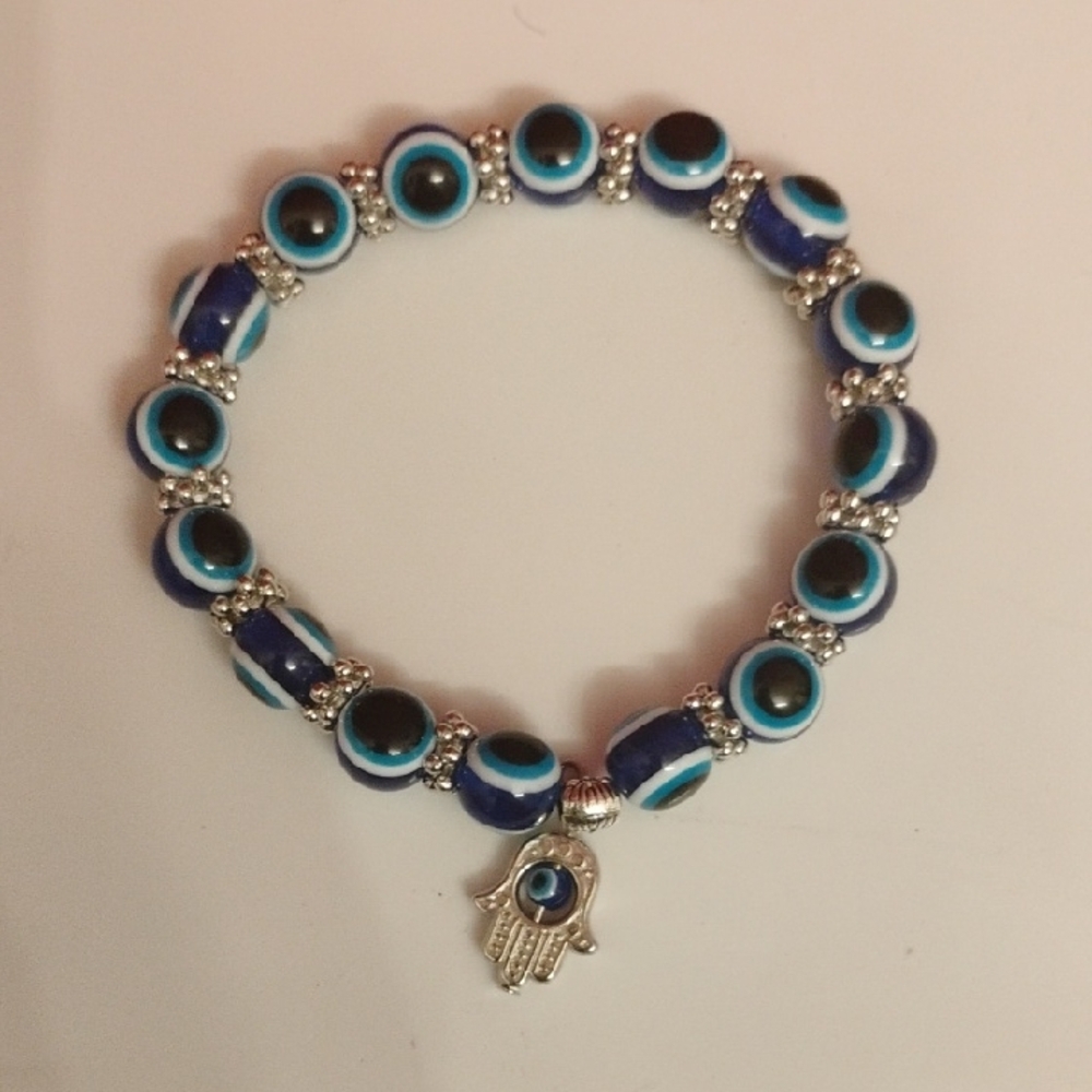 Blue Evil Eye Bead Bracelet: Hamsa Hand Good Luck Charm Bracelet